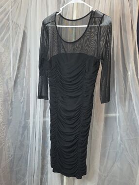 #224 Enfocus Studio Black Ruched Mesh Sleeve Midi Dress